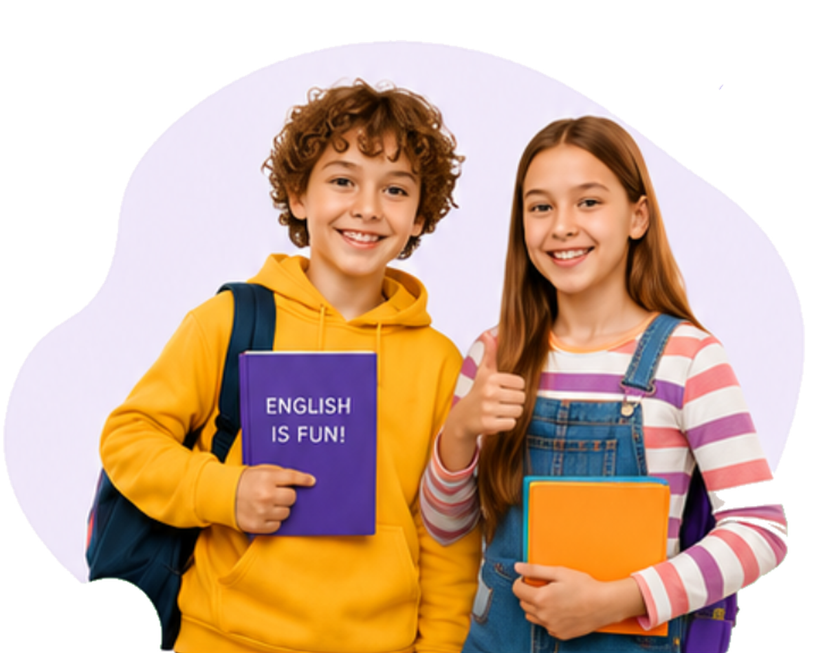 Дети изучают английский с книгами и флажками